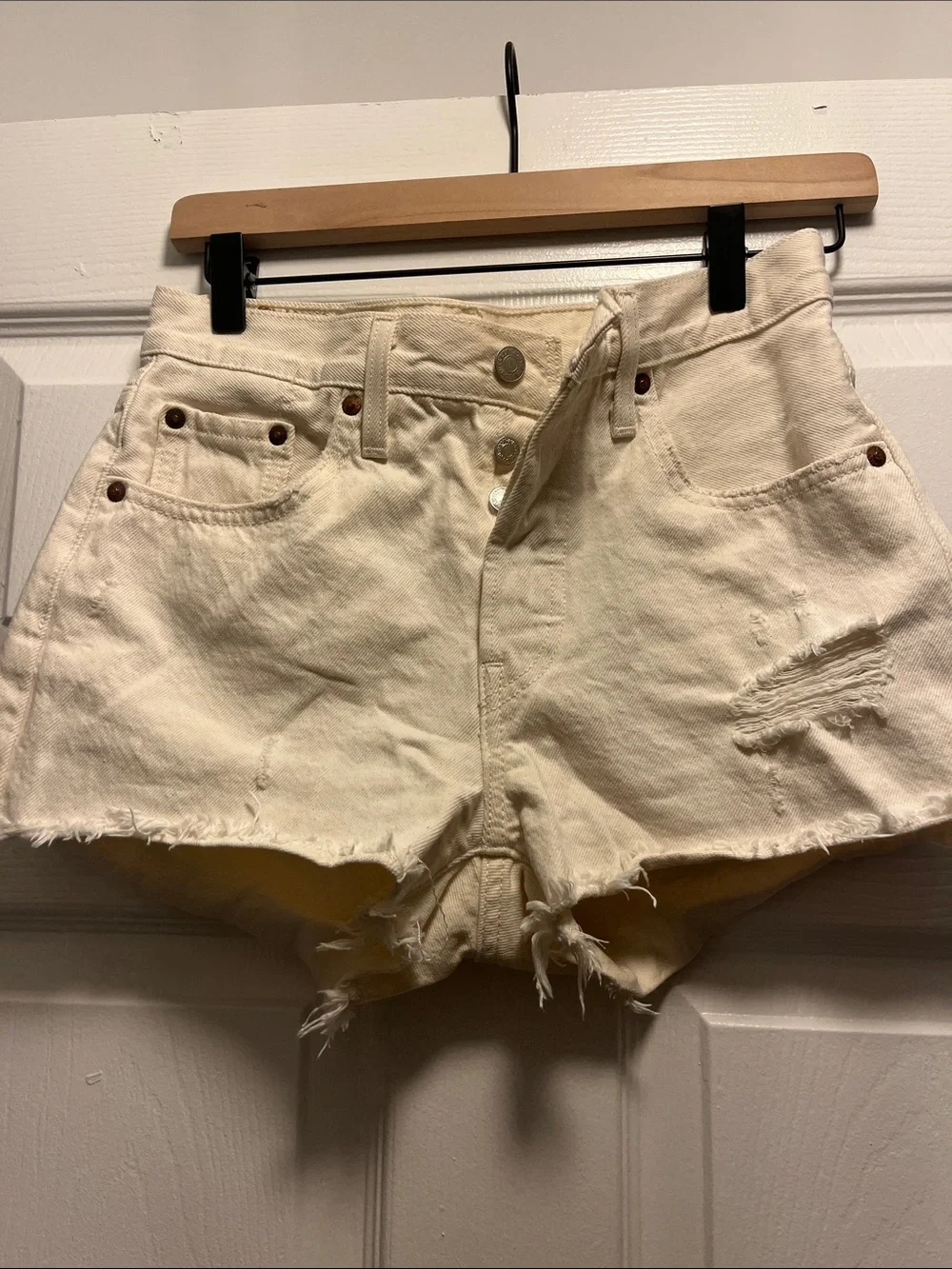 Levi's Cream Distressed Denim Cutoff Shorts